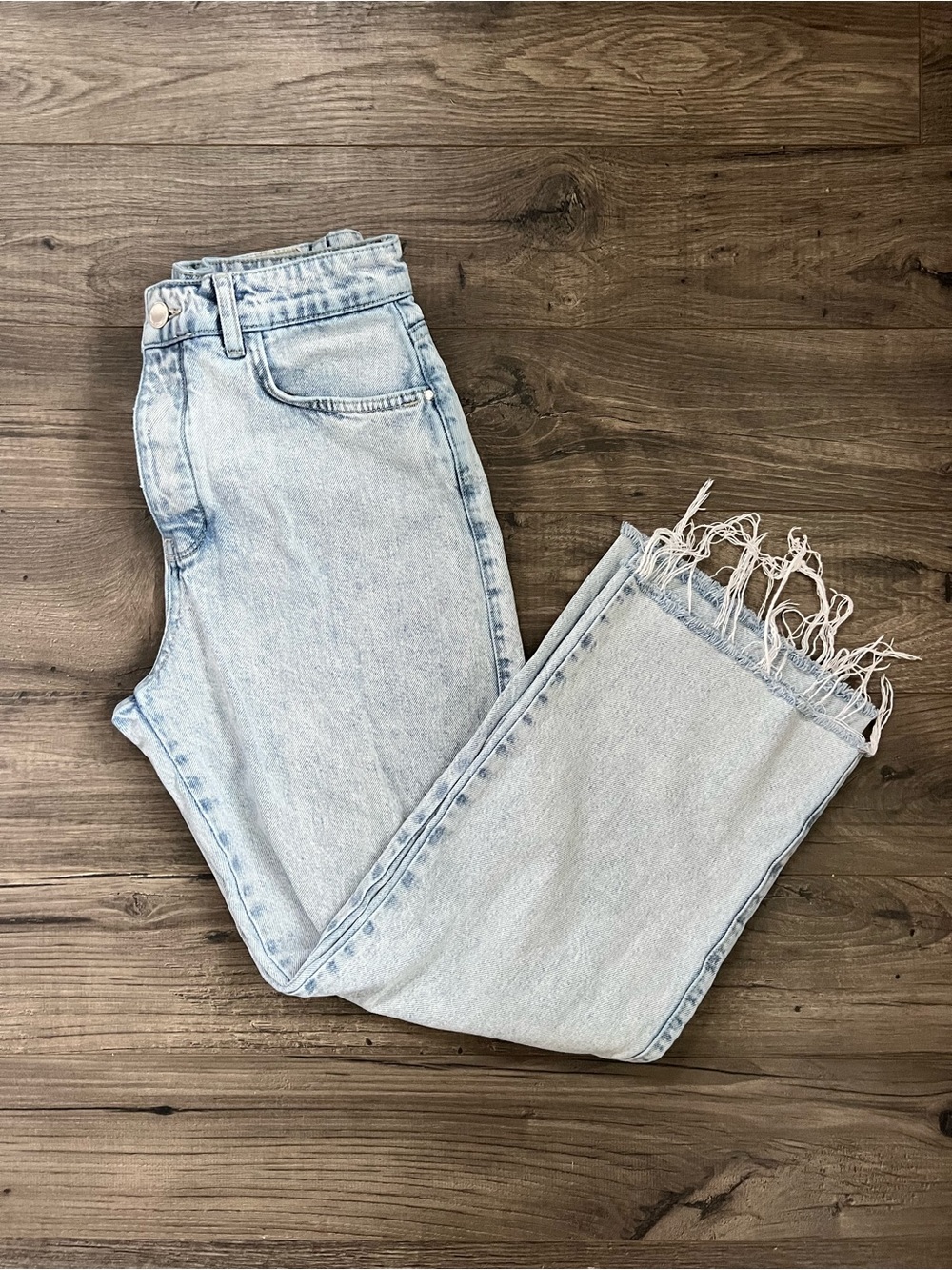 Zara Light Blue Straight Leg Jeans with Fringe Hem